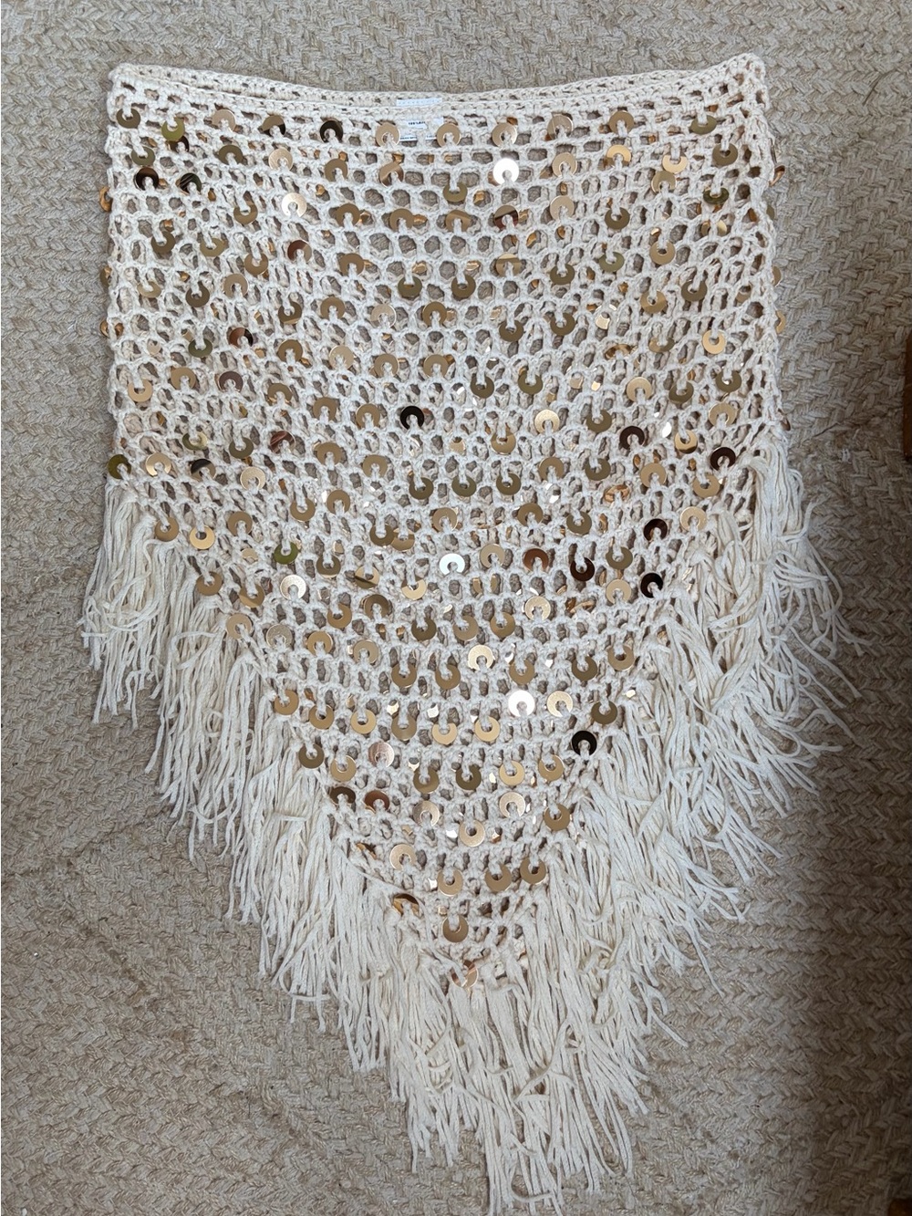 Boho Sequin Crochet Shawl - Cream with Gold Accents